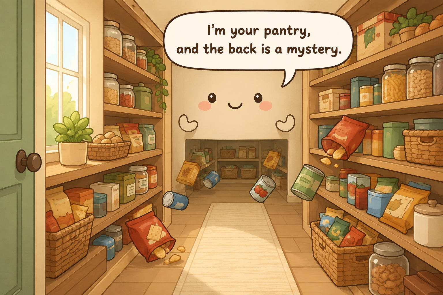 Chibi walk-in pantry character surrounded by crowded shelves, duplicate groceries, floor bags, and a few forgotten boxes at the back