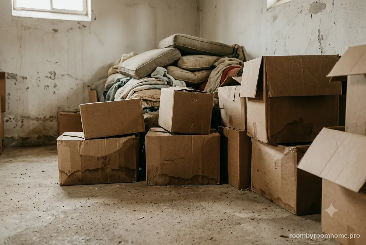 A damp basement before organizing — the common problem this guide fixes