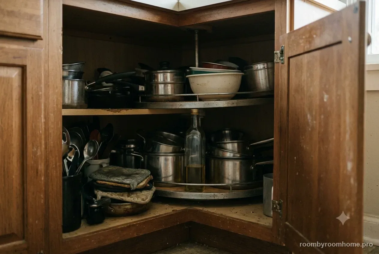 The corner kitchen cabinet before organizing — the common problem this guide fixes