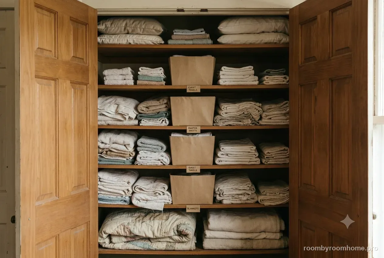 A deep linen closet set up the way this guide describes