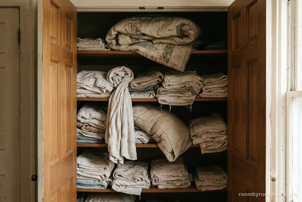 A deep linen closet before organizing — the common problem this guide fixes