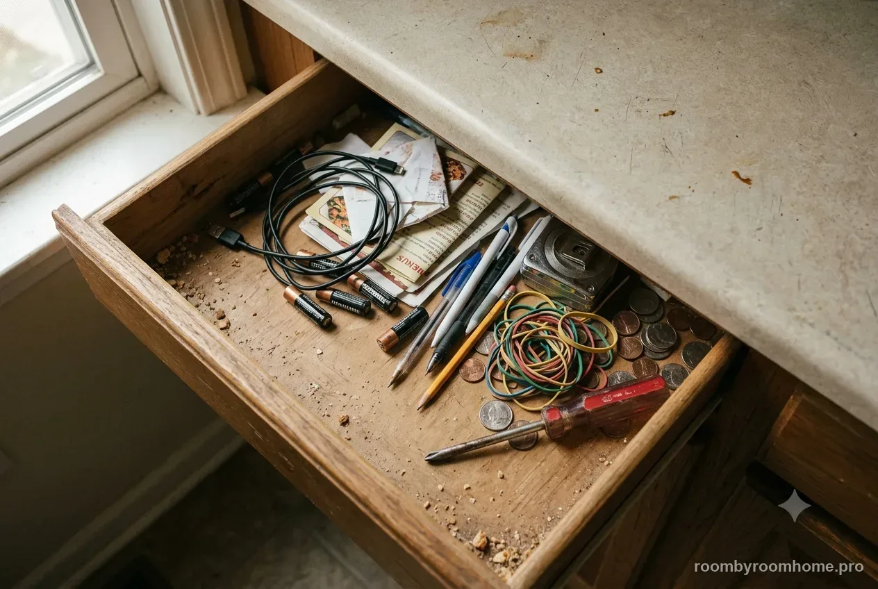 The junk drawer before organizing — the common problem this guide fixes