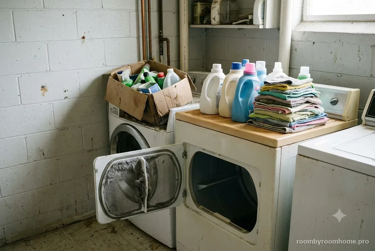 A small laundry room before organizing — the common problem this guide fixes