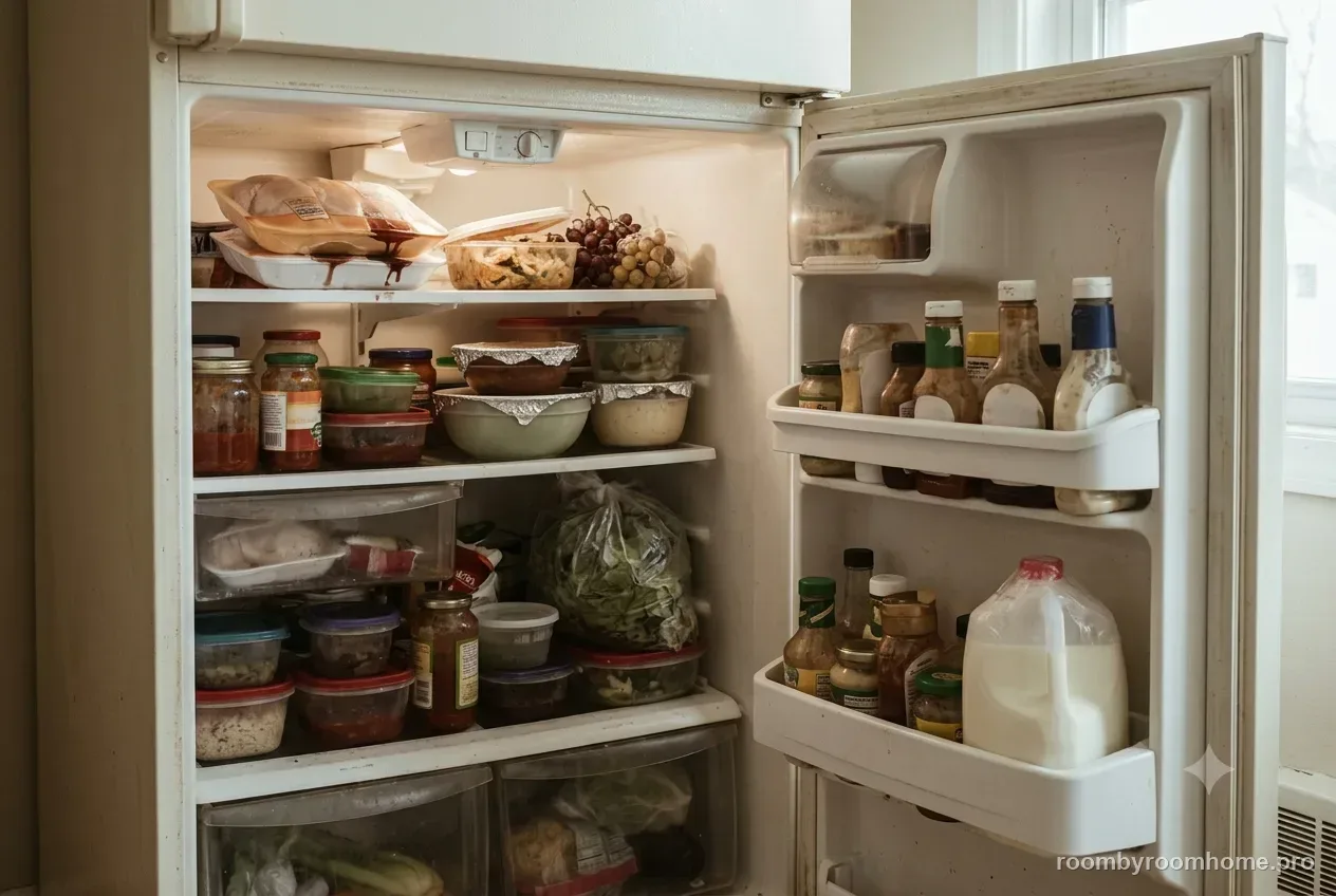 The refrigerator before organizing — the common problem this guide fixes