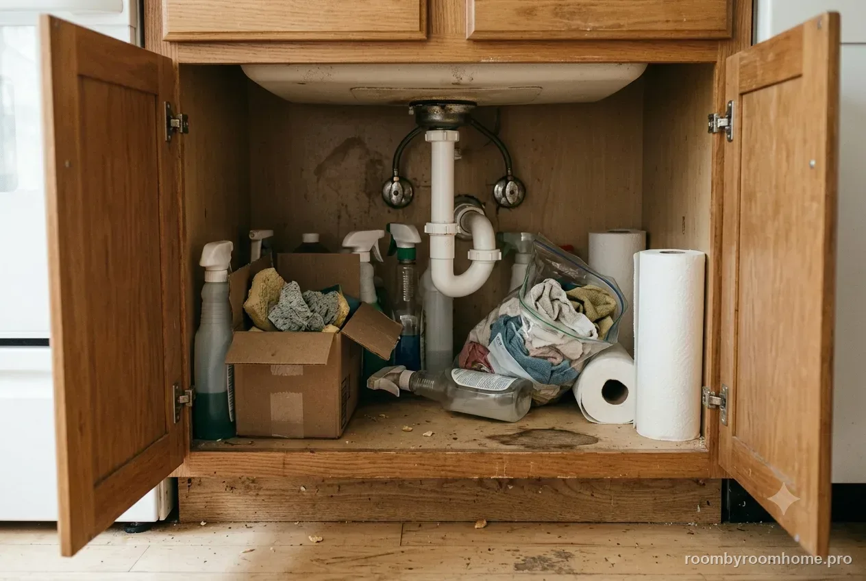 Under the kitchen sink before organizing — the common problem this guide fixes